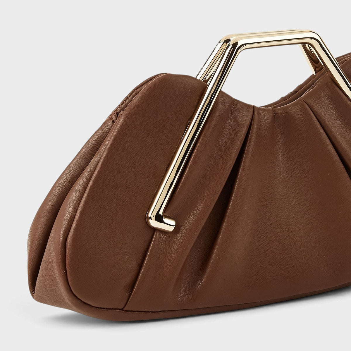 VALENORA Natalie handbag in coffee brown pleated vegan leather with a polished gold-tone metal top handle