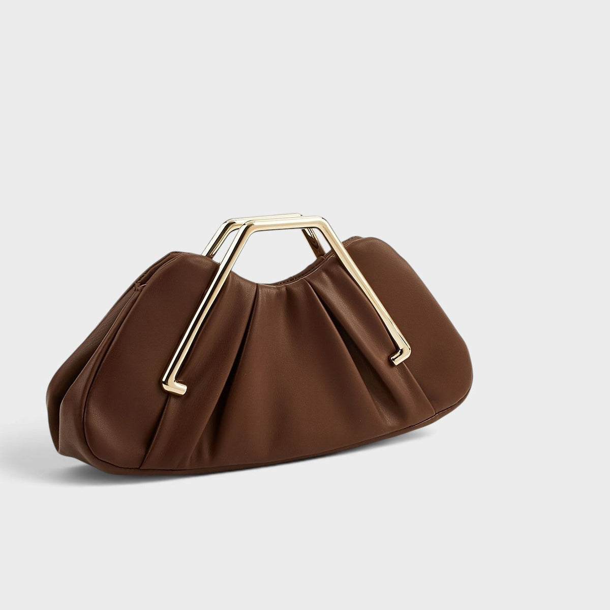 VALENORA Natalie handbag in coffee brown pleated vegan leather with a polished gold metal top handle.