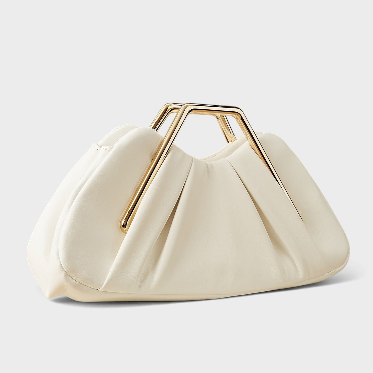VALENORA Natalie white pleated vegan leather handbag with a polished gold metal top handle