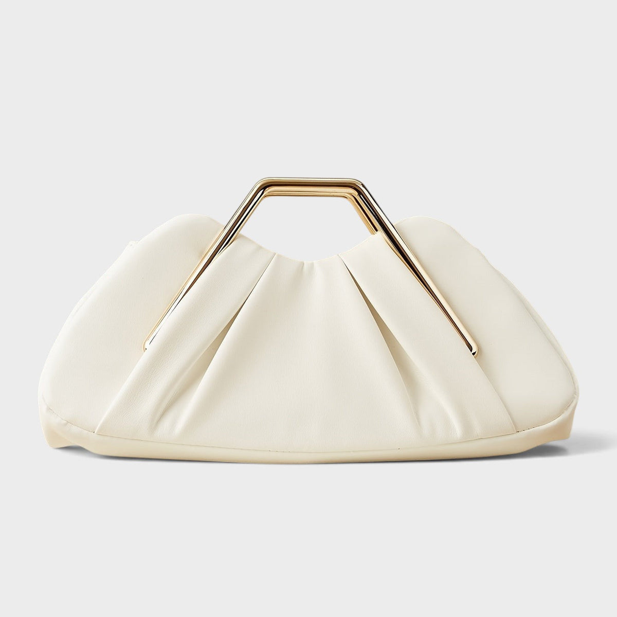 VALENORA Natalie white pleated vegan leather handbag with a polished gold-tone metal top handle
