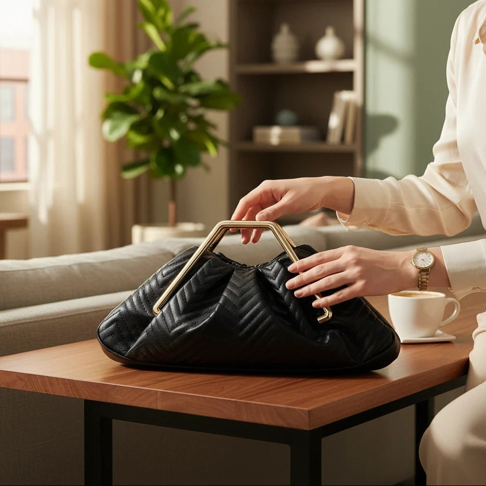 VALENORA Norah handbag in black vegan leather with a herringbone pattern and gold-tone magnetic frame closure.