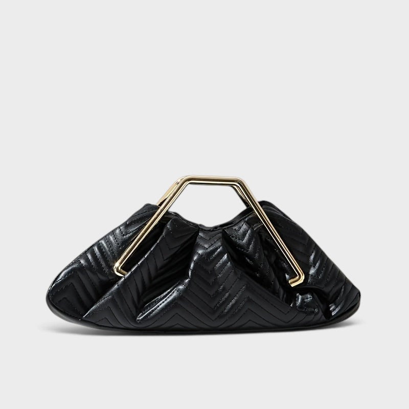 VALENORA Norah black vegan leather handbag with a textured herringbone pattern and gold-tone metal frame handle.