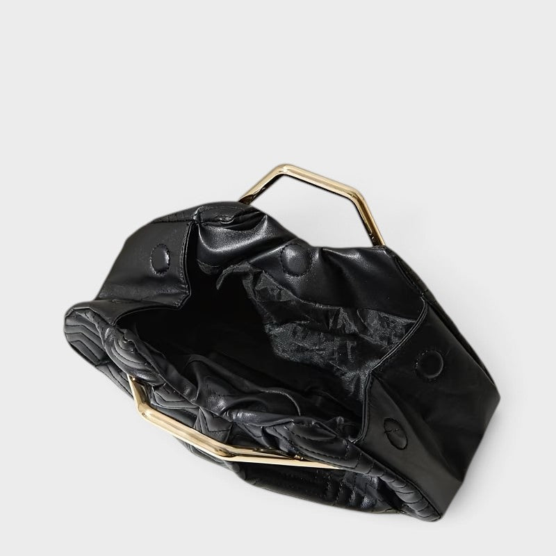 VALENORA Norah black vegan leather handbag with a herringbone pattern and gold-tone metal handle