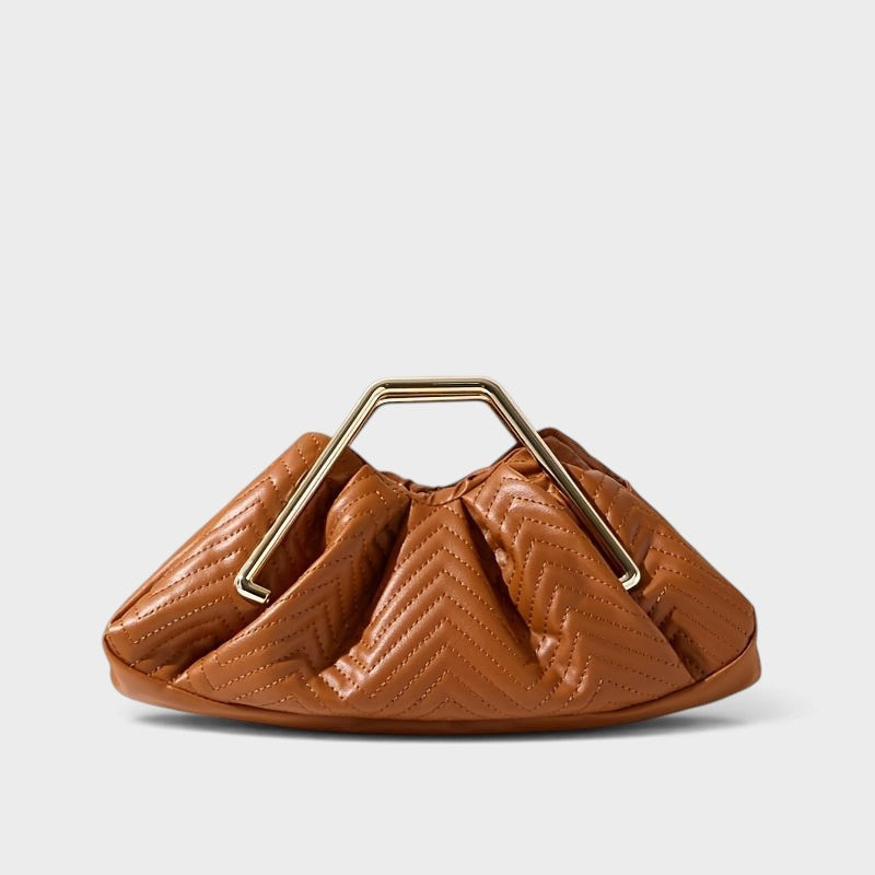 VALENORA Norah light brown vegan leather handbag with a quilted herringbone pattern and gold magnetic frame closure.