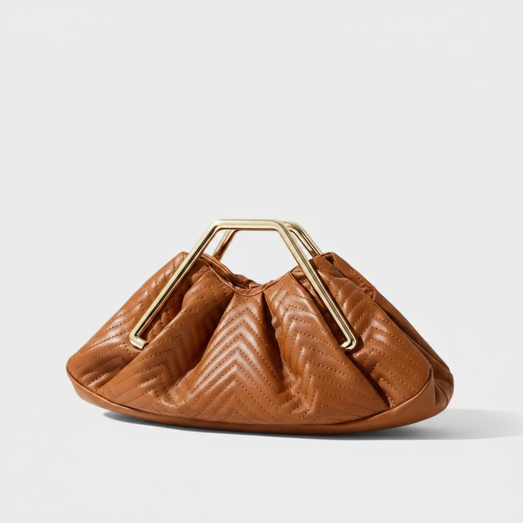 VALENORA Norah handbag in light brown vegan leather with a quilted herringbone pattern and gold-tone metal handles.