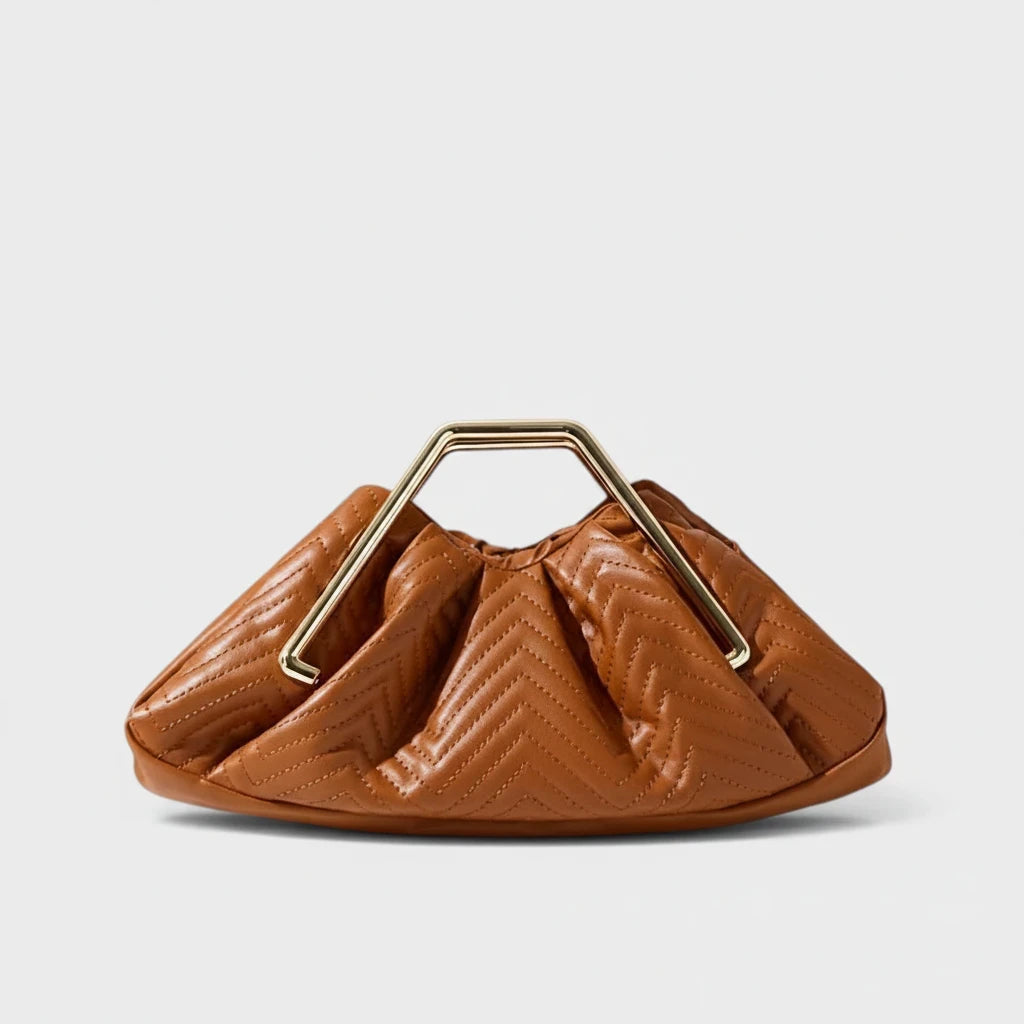 VALENORA Norah handbag in light brown vegan leather with a quilted herringbone pattern and gold metal frame handle.