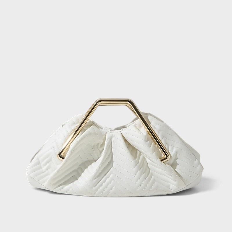 VALENORA Norah white vegan leather handbag with a herringbone quilted pattern and a gold-tone metal frame handle.