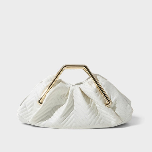 VALENORA Norah white vegan leather handbag with a herringbone quilted pattern and a gold-tone metal frame handle.