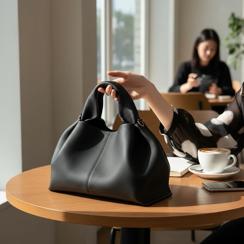 VALENORA Nova tote bag in black vegan leather held by a hand on a wooden cafe table