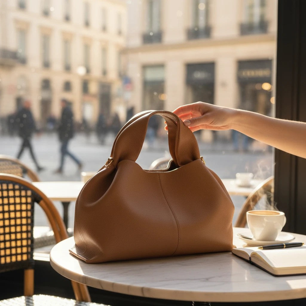 VALENORA Nova camel vegan leather tote bag sitting on a cafe table with a coffee cup and notebook