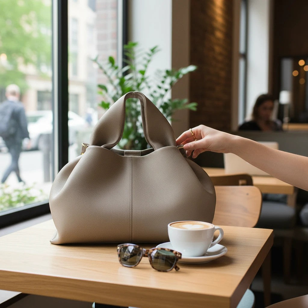 VALENORA Nova vegan leather tote bag in camel sitting on a cafe table next to a coffee cup and sunglasses
