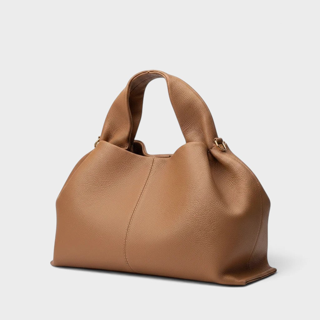 VALENORA Nova tote bag in camel vegan leather with a textured finish and structured handles.