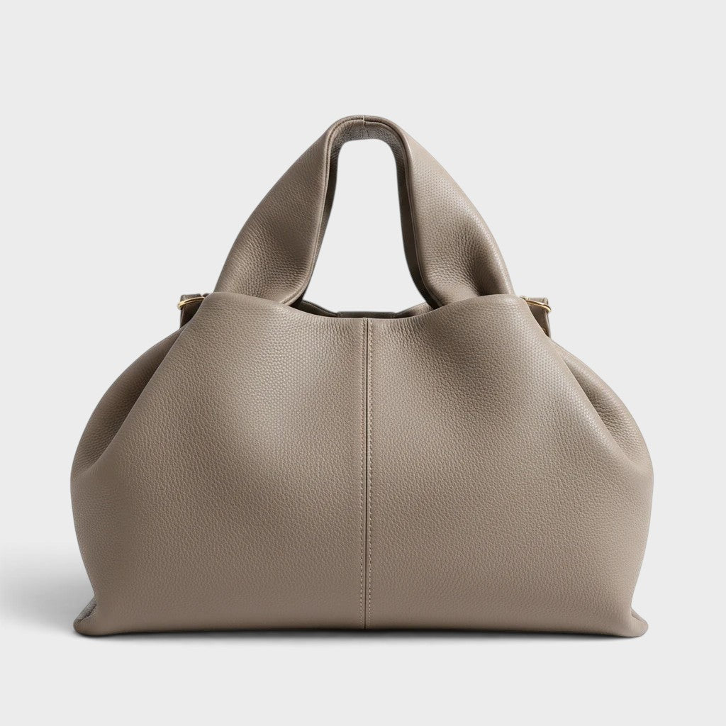 VALENORA Nova handbag in taupe genuine leather with a spacious, soft-structured design and sturdy top handles.