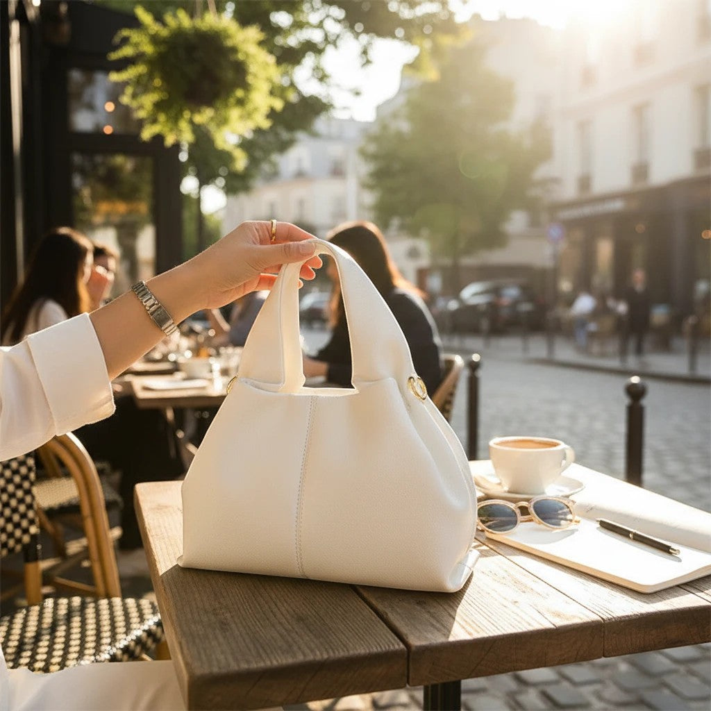 VALENORA Nova white vegan leather tote bag held on a sunny outdoor cafe table with coffee and sunglasses nearby.