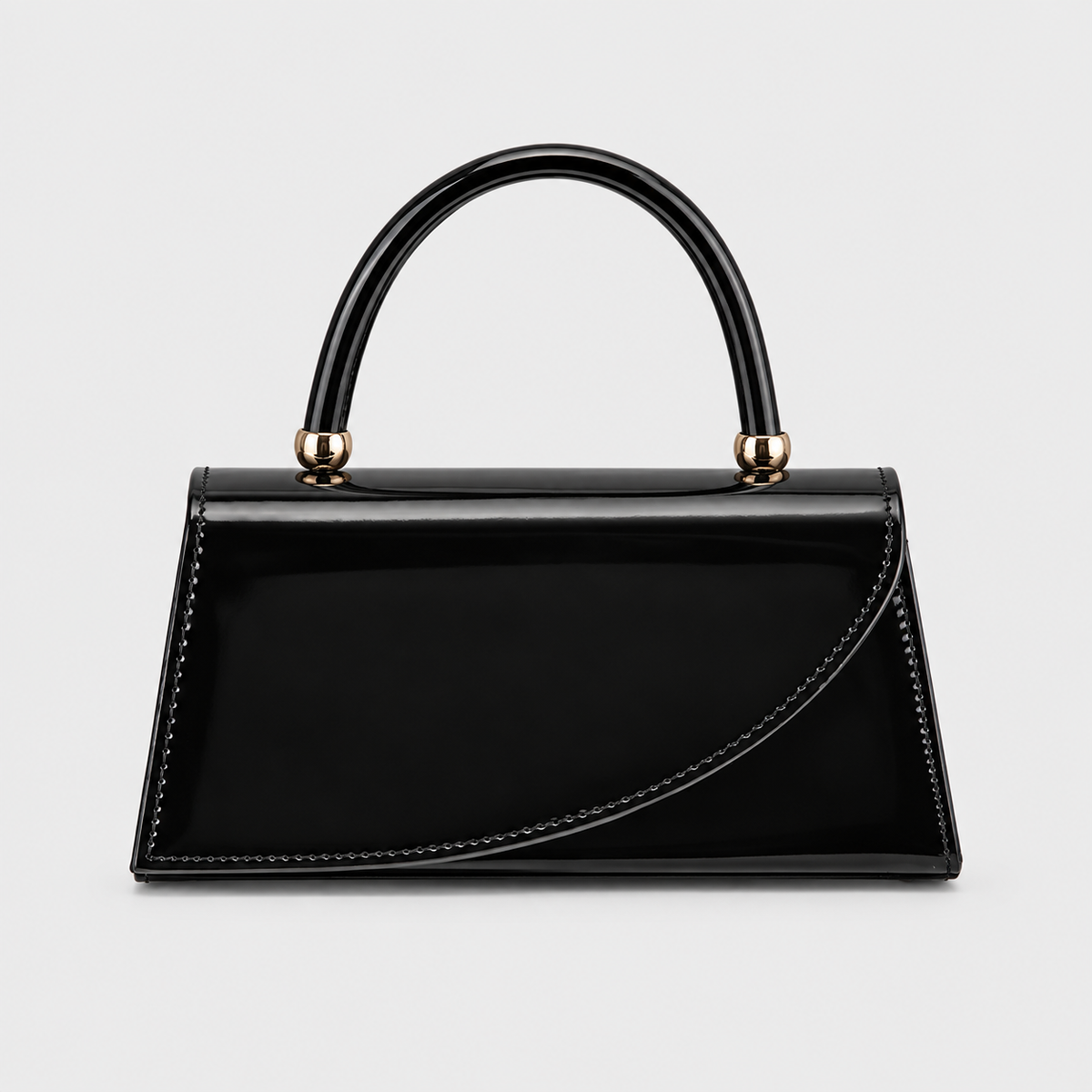 VALENORA Onyx black handbag with a glossy finish, structured frame, curved flap, and gold hardware accents.