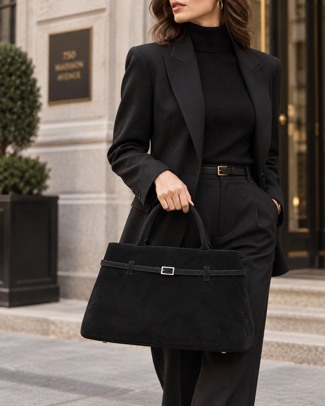 VALENORA Ramona black suede tote bag with silver buckle detail held by a woman in a black blazer on a city street.