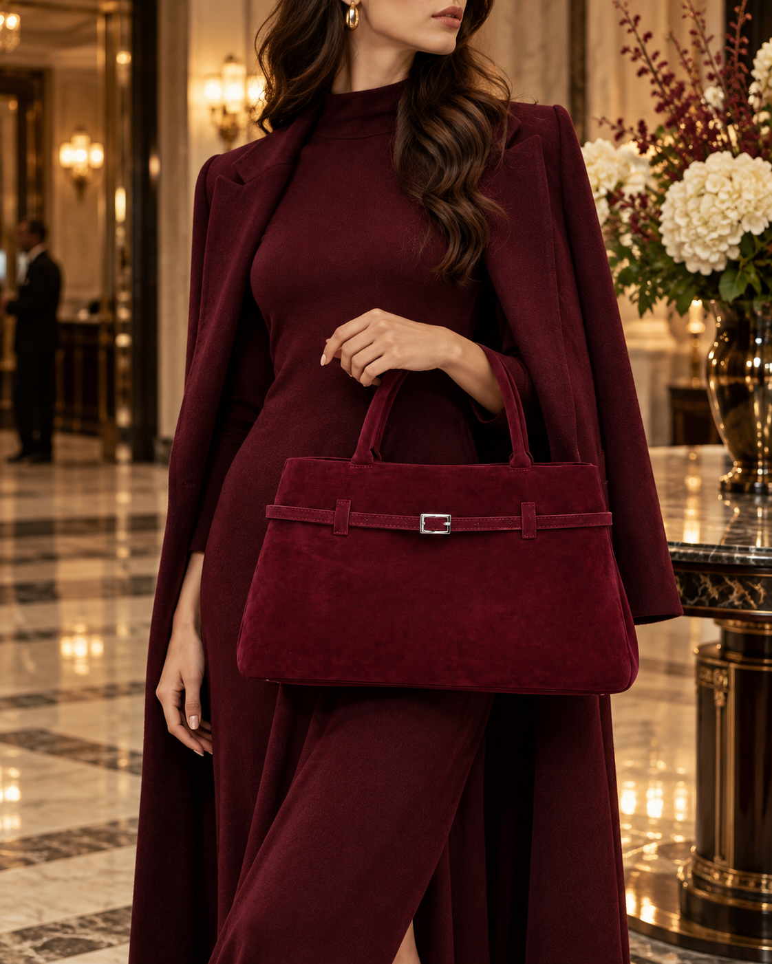 VALENORA Ramona wine red suede tote bag with a silver buckle belt detail held by a woman in a matching dress