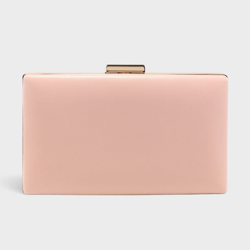 VALENORA Rosalind clutch bag in soft blush pink with a sleek rectangular hard-shell design and gold-tone clasp.