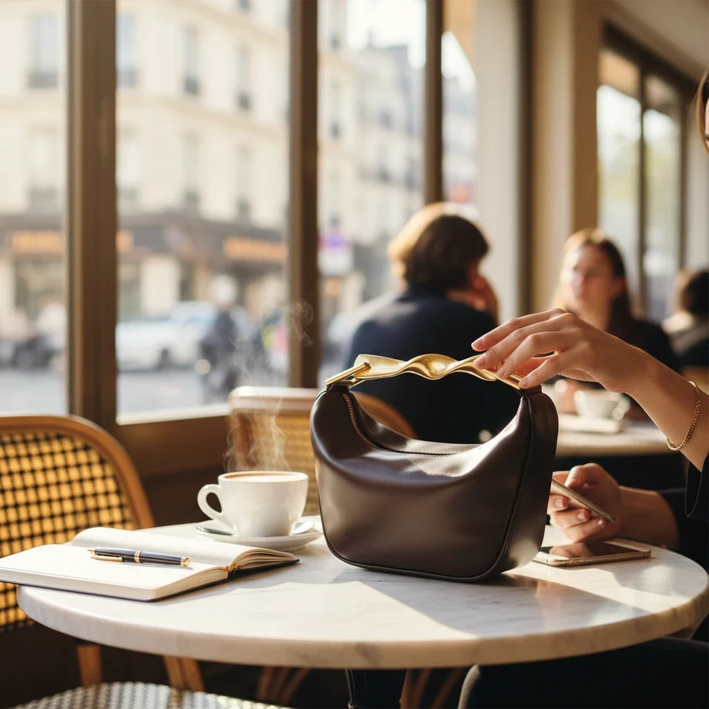 VALENORA Roxane handbag in dark brown vegan leather with a unique gold-toned metal handle, sitting on a cafe table.