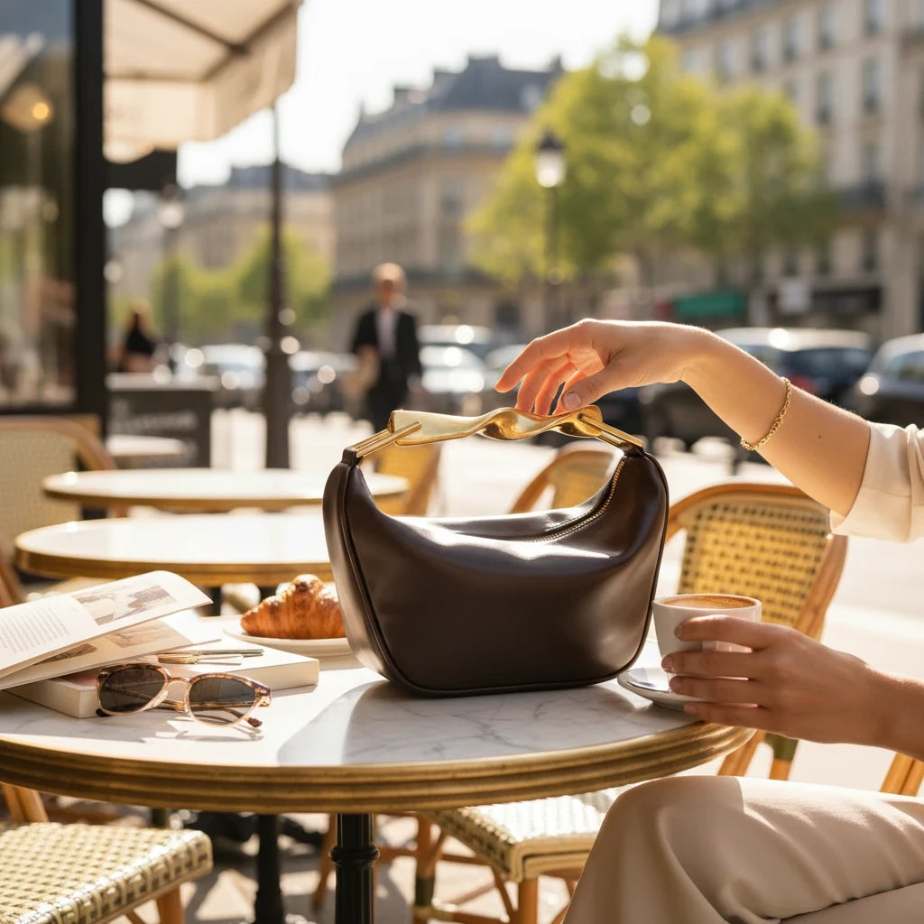 VALENORA Roxane red vegan leather handbag with a unique gold metal handle, sitting on a Parisian cafe table.