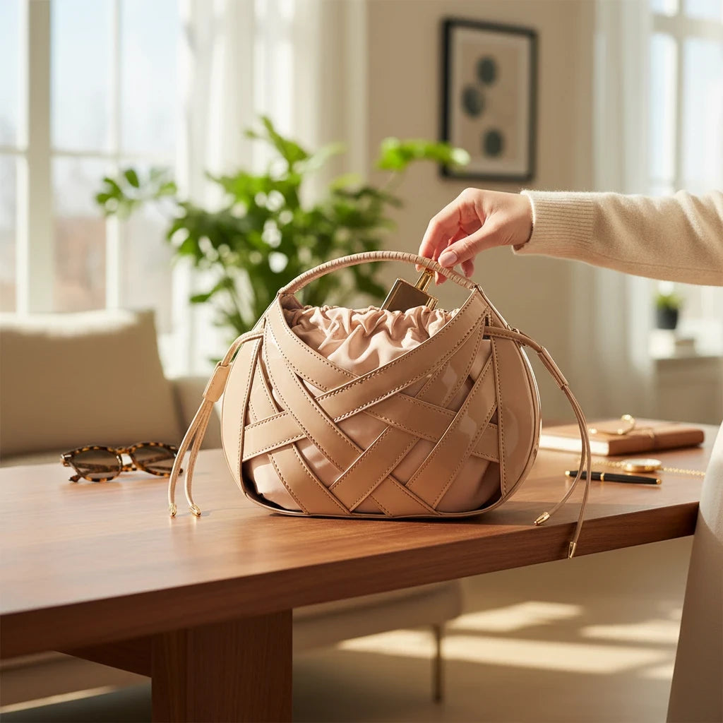VALENORA Ruby beige vegan leather handbag with a structured lattice overlay and soft drawstring pouch interior.