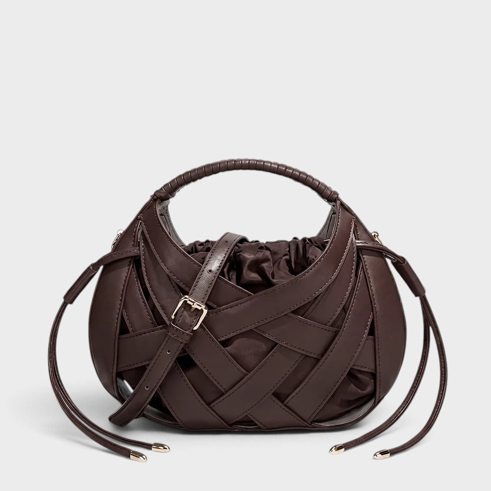 VALENORA Ruby handbag in dark brown vegan leather featuring a structured lattice overlay and soft drawstring pouch.