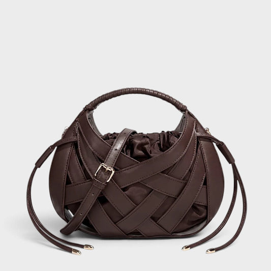VALENORA Ruby handbag in dark brown vegan leather featuring a structured lattice overlay and soft drawstring pouch.