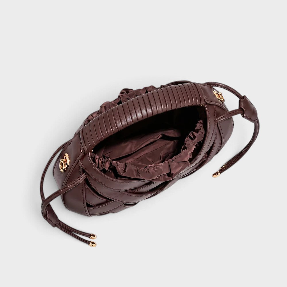 VALENORA Ruby handbag in dark brown vegan leather with a structured lattice overlay and soft drawstring pouch interior.