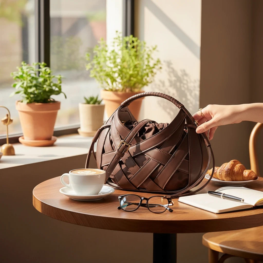 VALENORA Ruby brown vegan leather handbag with architectural lattice overlay and drawstring pouch on a cafe table.