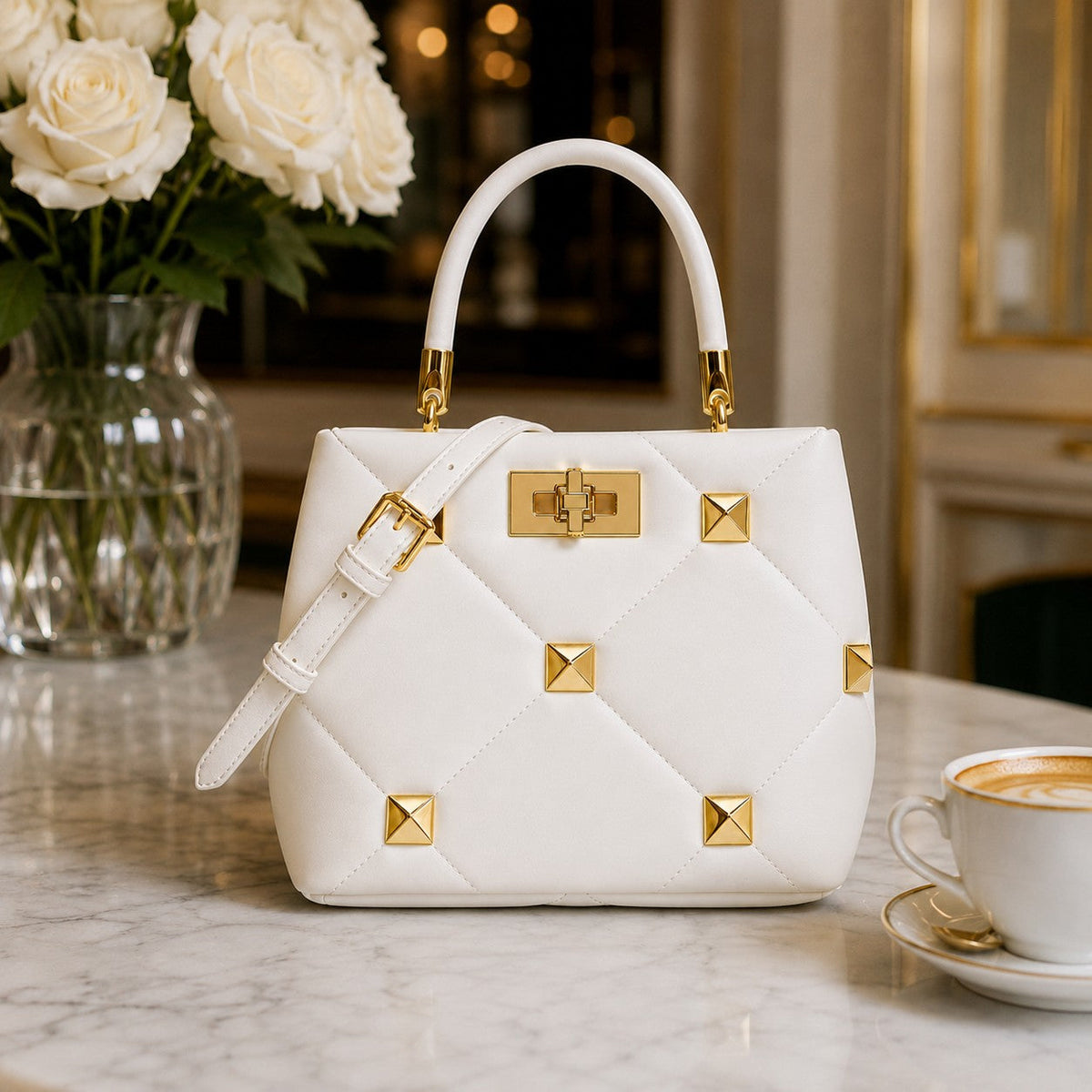 VALENORA Stella white quilted leather handbag with gold pyramid studs and structured architectural design.