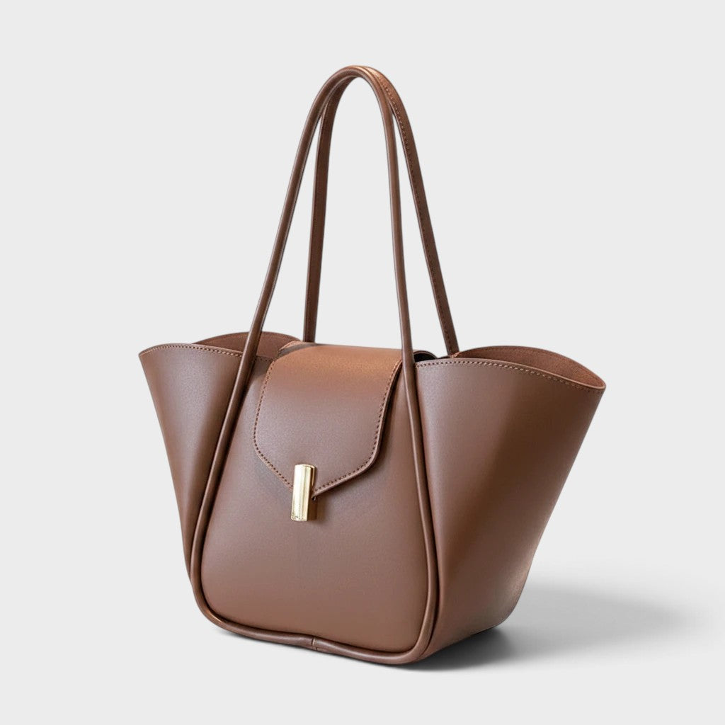 VALENORA Sutton tote bag in mocha brown vegan leather with a flared wing design and gold-tone metal clasp.
