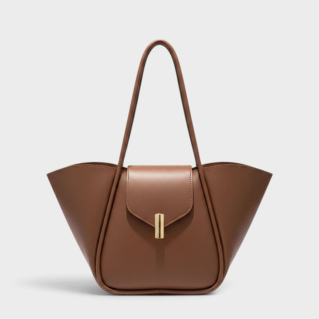 VALENORA Sutton tote bag in mocha brown vegan leather with a flared wing design and gold-tone metal clasp.
