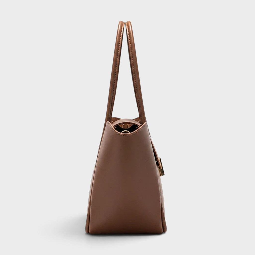 VALENORA Sutton tote bag in mocha brown vegan leather with a flared silhouette and gold-tone clasp side view