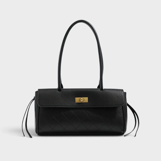 VALENORA Verancia black quilted shoulder bag with gold-tone turn-lock closure and side-tie detailing.