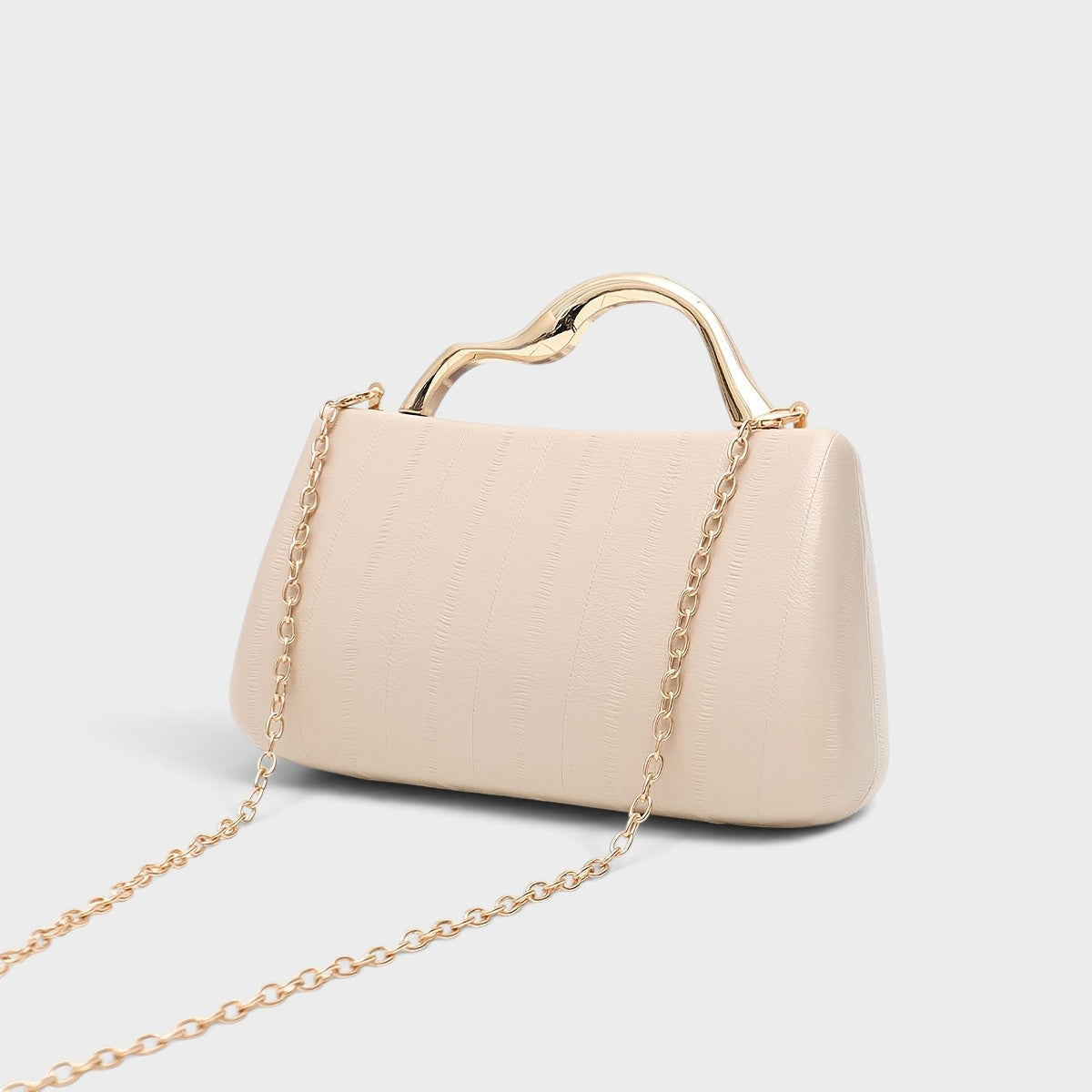 VALENORA Verena elegant beige vegan leather clutch bag with a gold metal handle and removable chain strap