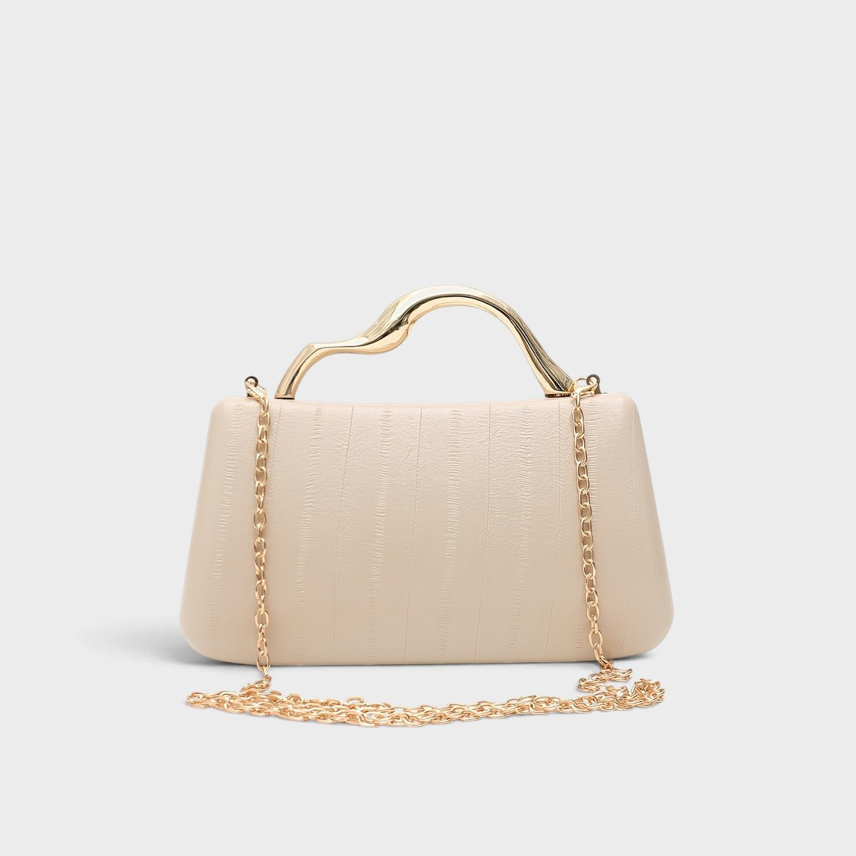 VALENORA Verena elegant beige vegan leather clutch bag with a gold metal handle and removable chain strap