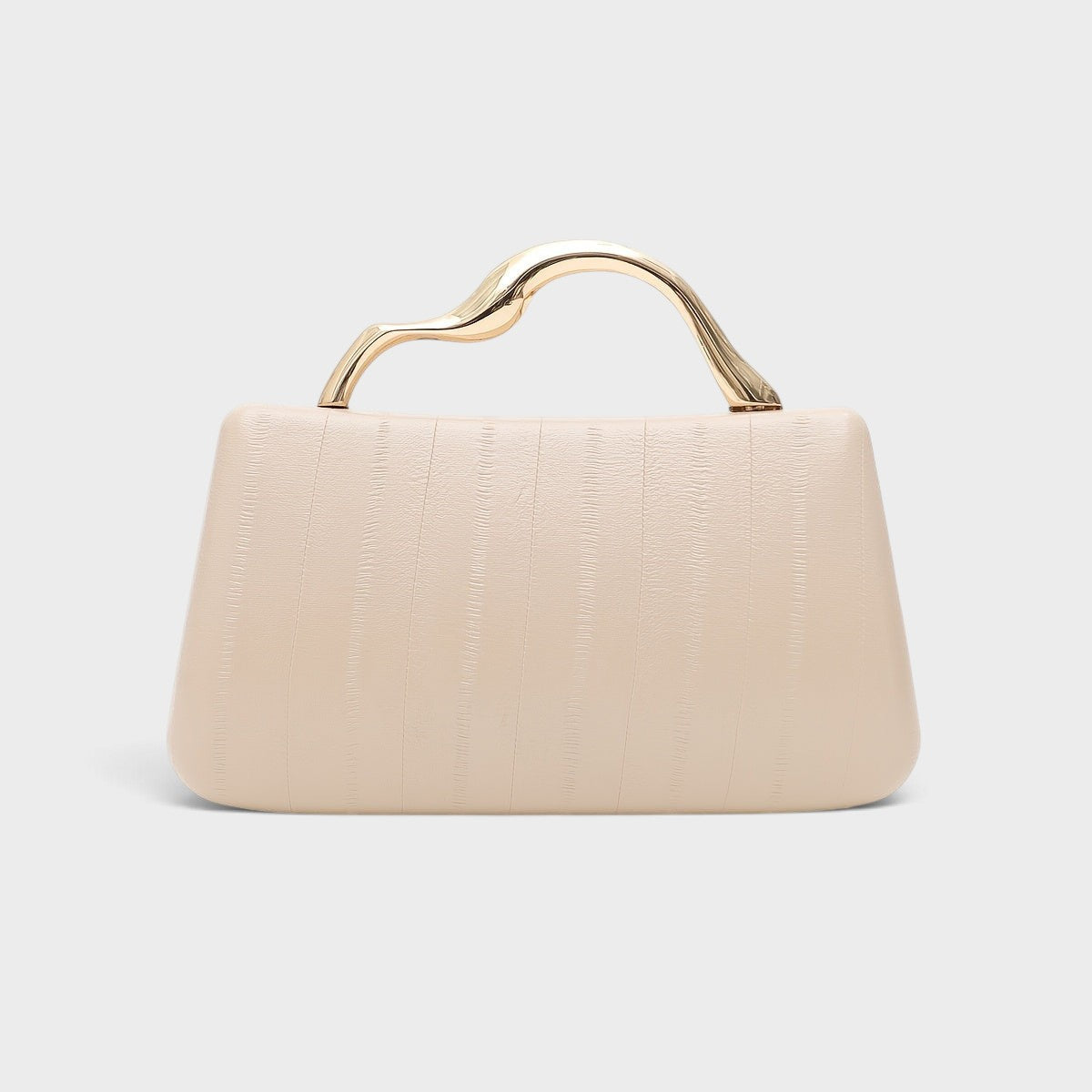 VALENORA Verena elegant beige vegan leather clutch bag with a unique gold sculptural handle and magnetic closure.