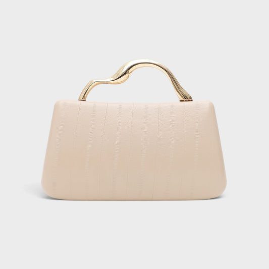 VALENORA Verena elegant beige vegan leather clutch bag with a unique gold sculptural handle and magnetic closure.