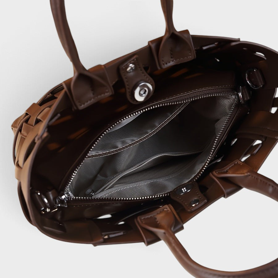 VALENORA Verona coffee brown genuine leather tote bag with open interior, polyester lining, and buckle closure