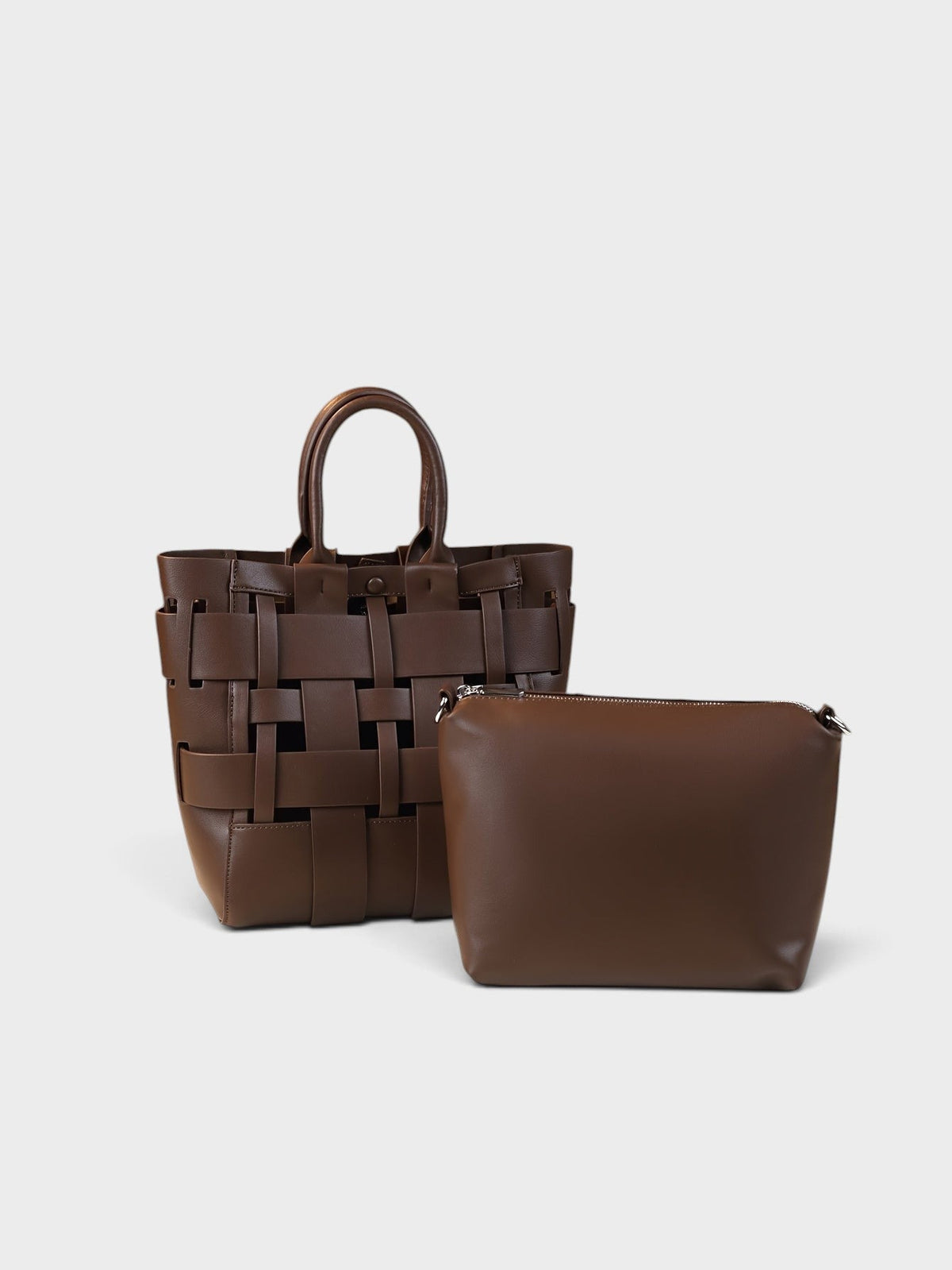 VALENORA Verona coffee brown genuine leather woven tote bag with matching zippered pouch and buckle closure