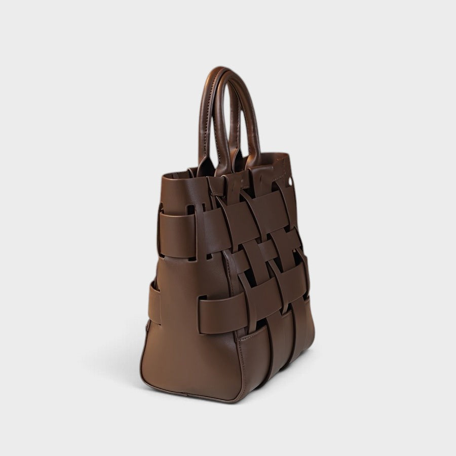 VALENORA Verona coffee brown genuine leather tote bag with a woven design and sturdy top handles