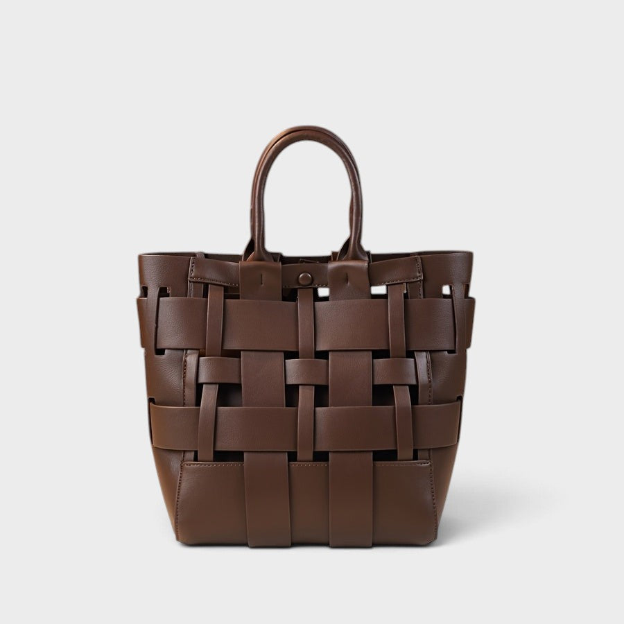 VALENORA Verona coffee brown genuine leather tote bag with a woven design and buckle closure