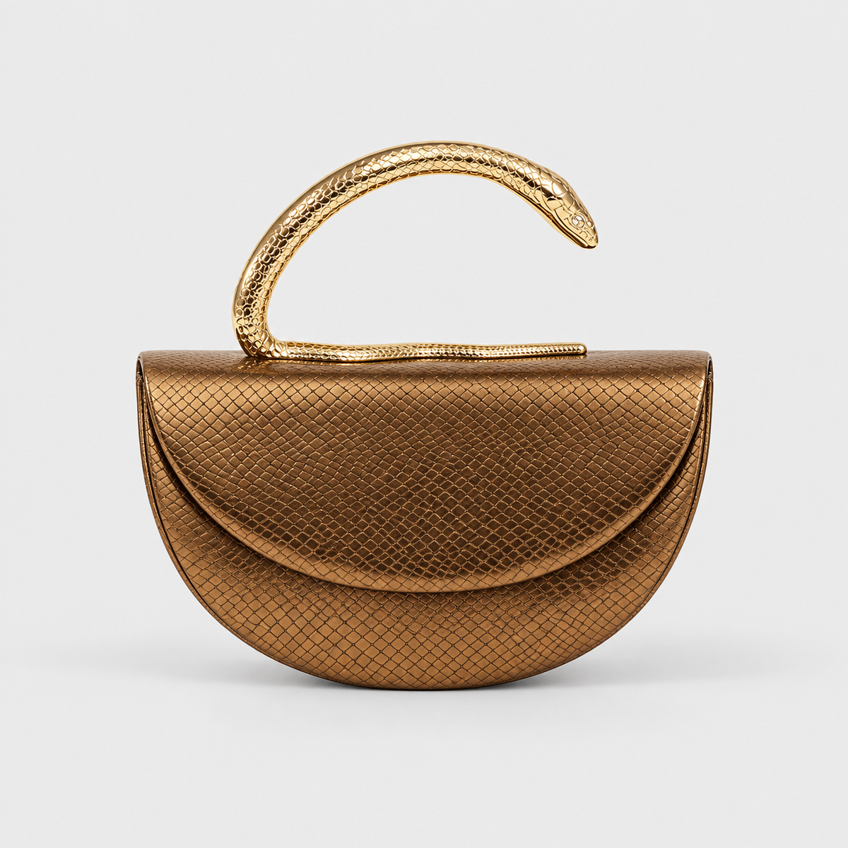 VALENORA Vipère handbag in metallic bronze vegan leather with a sculptural gold serpent handle and snakeskin texture.