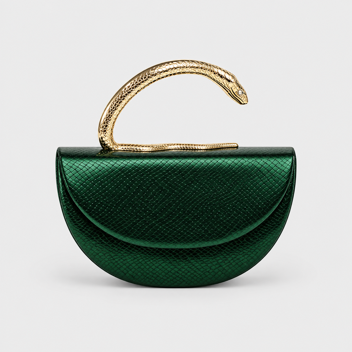 VALENORA Vipère handbag in emerald green vegan leather with a sculptural gold serpent handle and snakeskin texture.