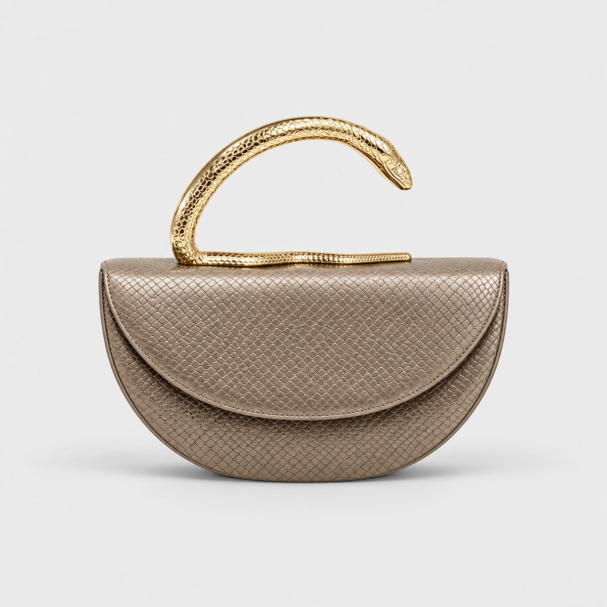 VALENORA Vipère handbag in metallic taupe vegan leather with a sculptural gold serpent handle and snakeskin texture.
