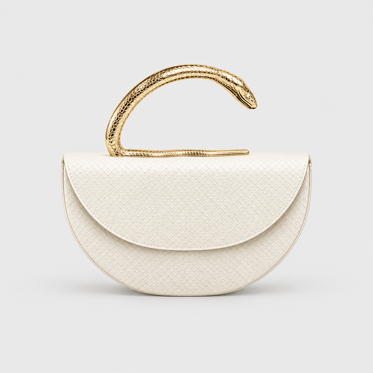 VALENORA Vipère white vegan leather handbag with a sculptural gold serpent handle and snakeskin-embossed texture.