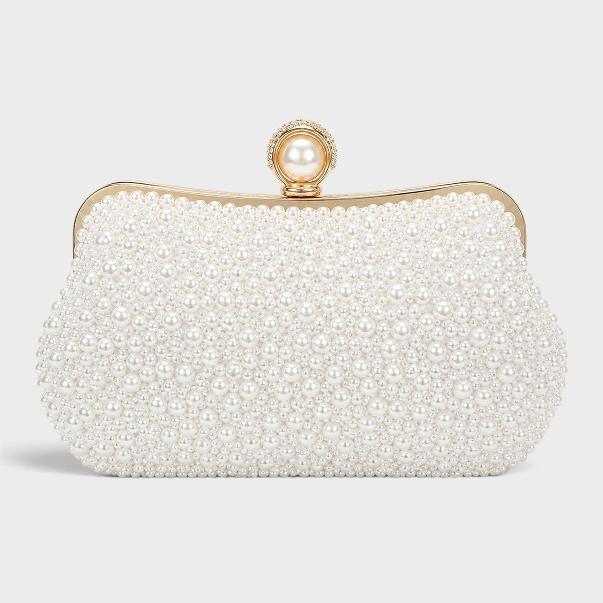 VALENORA slim white pearl clutch bag with a gold frame and a single pearl clasp closure