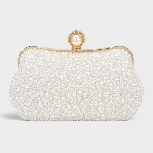 VALENORA slim white pearl clutch bag with a gold frame and a single pearl clasp closure