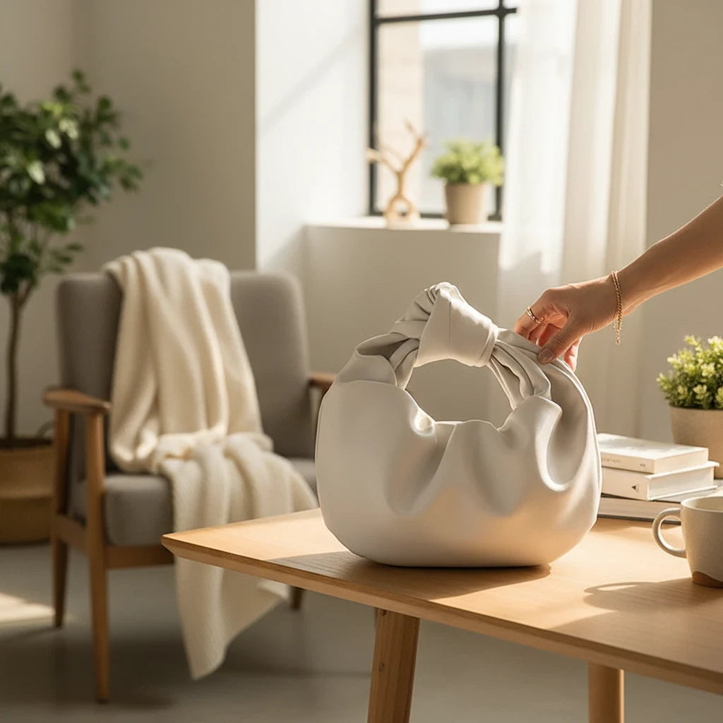 VALENORA white vegan leather handbag with a knotted handle design, resting on a wooden table in a bright room.
