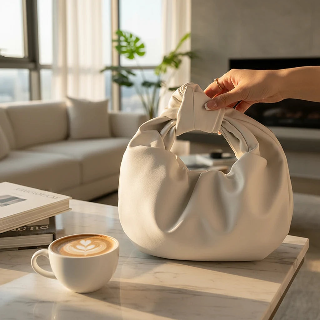 VALENORA white vegan leather handbag with a knotted handle design, resting on a marble table next to a coffee cup.